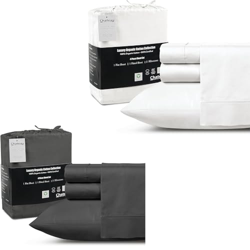 CHATEAU HOME COLLECTION 100% Organic Cotton King Sheet Set - 300 Thread Count Long Staple Cotton Sheets Charcoal and White Combo Sateen Sheets, Soft, Breathable