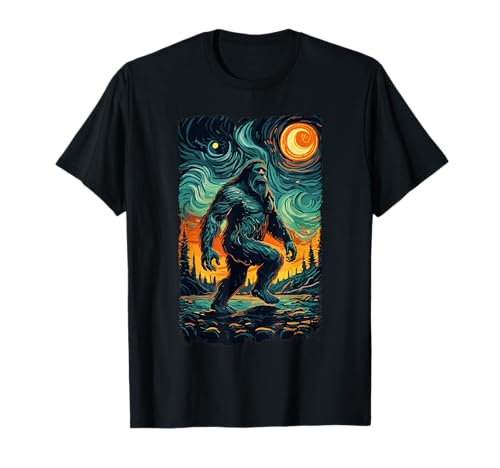 Bigfoot Starry Night Sasquatch Van Gogh Sky Painting T-Shirt