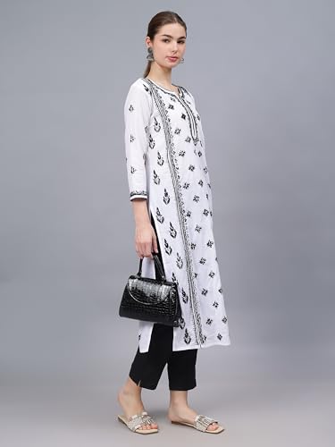 Image of Seva Chikan Hand Embroidered Lucknowi Chikankari Cotton Straight Kurta for Women SCL4567