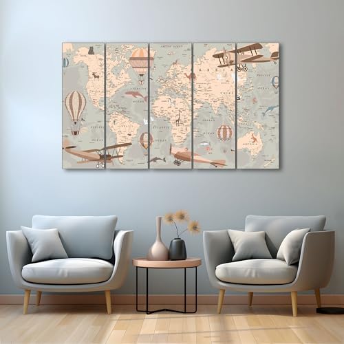 Image of The Castle Decor wooden World Map wall decor painting 5 Big Size Multiple Frames Wall Art for Living Room,bedroom,drawing Room,hotels-Framed-Poster Painting(36x60 inch)