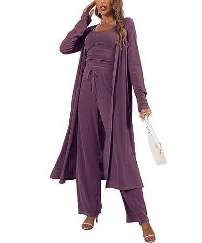 Image of 3 Piece Lounge Sets for Women Airport Travel Outfit | Long Cardigan,Tank Top ,Wide Leg Pants with Pockets,Comfy Loungewear,Casual Chic, Airplane Clothing,Vacation Matching Set