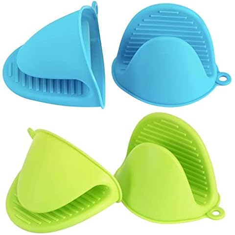 Oven Glove Silicone Oven Mitts Finger Gripper Kitchen Mitts Non Slip Mini Oven Mitts Cooking Pinch Heat Resitant Hand Clamp BBQ Gloves for Kitchen Cooking Baking Grilling BBQ - 2Pairs (Blue+Green) Cover