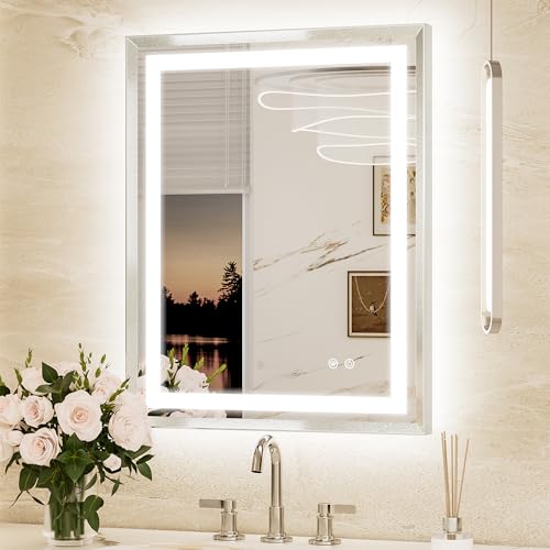 Keonjinn 24x30 Inch Brushed Nickel LED Bathroom Mirror with Lights