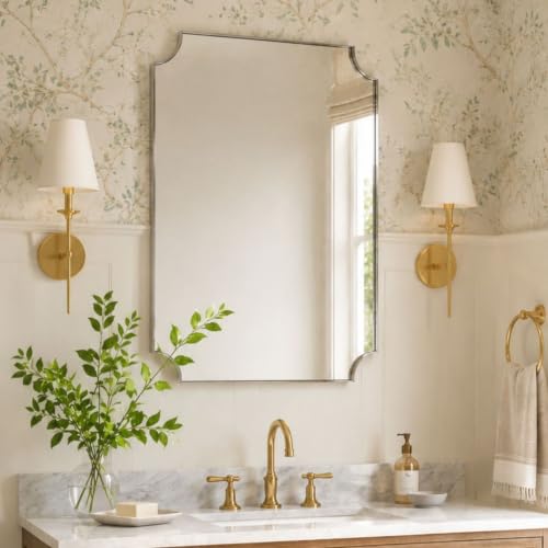 Image of TEHOME Brushed Nickel Scalloped Bathroom Mirrors, 30x40'' Silver Metal Framed Vanity Mirror for Bathroom