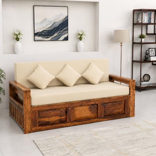 Image of SONA ART & CRAFTS Regal Sheesham Wood 3 Seater Sofa Cum Bed | Wooden 3 Seater Sofa for Living Room Wooden Furniture Sofa Bed for Home (Natural Finish)