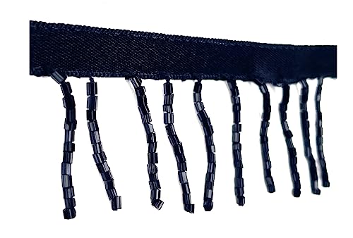 SEW TRENDS 5 Yards Hand Beaded Fringe Black Cut Glass Beads on Satin Tape Ribbon- 1.25
