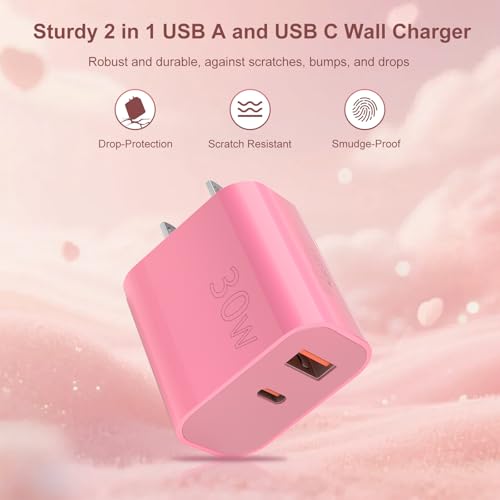 Image of Aolcev for iPhone Charger Fast Charging 2 in 1 USB A USB C Charger Block 30W Cute Type C Fast Charging Blocks for iPhone 17 16 15 14 13 for iPad USB C Charging Adapter for Galaxy S26 S25 Light Pink