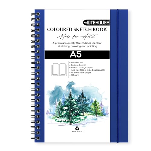 Image of NOTEHOUSE A5 Portrait Spiral Sketchbook (14x21 cm) | 96 Unruled White Thick Pages | Professional Drawing Notebook | Blue Hard Cover Art Book for Artists & Students