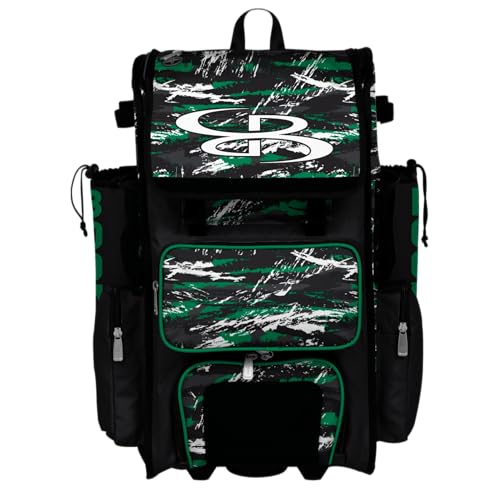 Boombah Superpack Hybrid Rolling Bat Bag - Wheeled & Backpack Version - Razor Black/Kelly Green/White