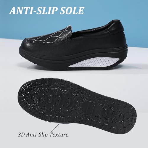 Image of Women's Leather Platform Slip On Nurse Loafers Comfortable Lightweight Wedge Orthotic Sneakers Casual Rocker Shoes