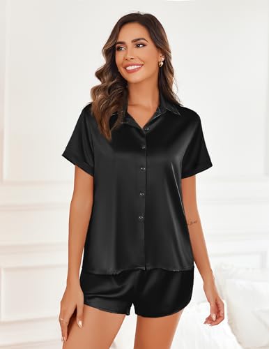 Ekouaer Silk Pajamas for Women Short Sleeve Satin Pajama Set 2 Piece Button Down Loungewear S-XXL2