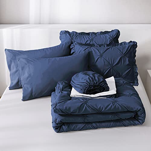 JOLLYVOGUE Navy Blue Full Size Comforter Sets 7 Pieces, Pintuck Bed in a Bag Comforter Set for Bedroom, Bedding Comforter Sets with Comforter, Sheets,Ruffled Shams & Pillowcases