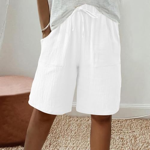 Women's Linen Shorts Elastic Waist Drawstring Bermuda Shorts for Women Knee Length2