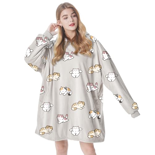 Felicigeely Oversized Wearable Blanket Hoodie, Blanket Sweatshirt for Adults Women Men Warm Cozy Cute Cat Pattern Hooded Blanket with Pockets and Sleeves Gift for Mom Girls