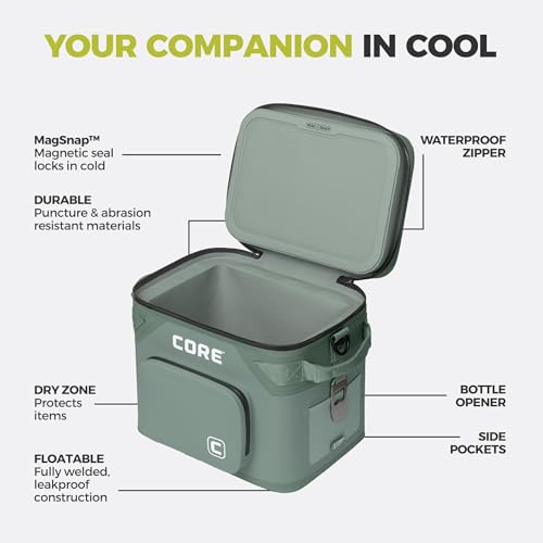 Image of CORE Magnetic Leak Proof Soft Cooler with Waterproof Zipper | Insulated Bag Portable Ice Chest Box | Best Soft Cooler for Food & Beverages for Tailgating, Car Camping, Travel, and Family Beach Picnics