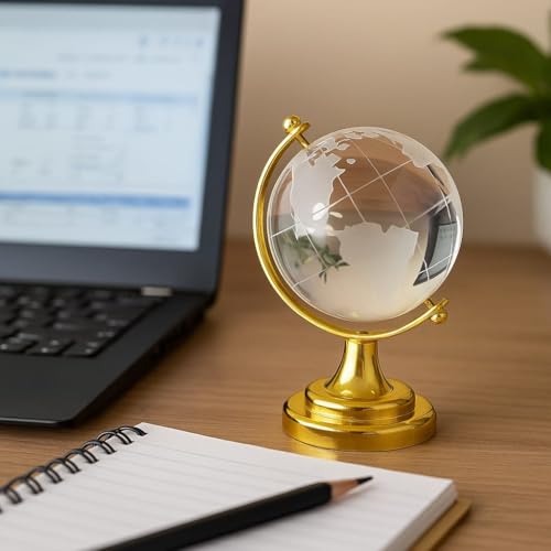 Image of Luxury Crystal Globee with Golden Stand- Elegant World Globe for Desk or Office Decor, Modern Decorative Glass Globe with Etched Continents (Gold And White, Medium)