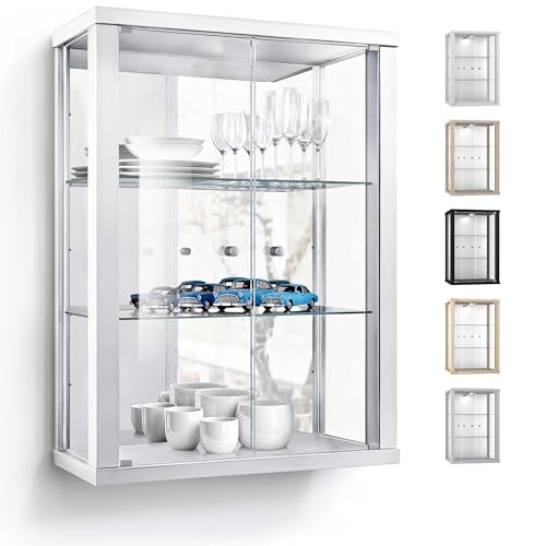 K-Möbel Wandvitrine (80x60x25cm) - Made in Germany - Glasvitrine hängend mit 2 höhenverstellbaren Glasböden aus ESG & Spiegel in Weiss - Schrank mit Glastüren - Hängevitrine Glas