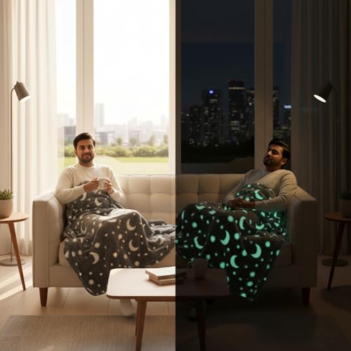 Image of Famyo GlowMaxx AC Blanket for Adults, Glow in the Dark Soft Flannel Blanket | 200x152 cm Double Bed Size | Lightweight Summer Blanket for AC Rooms, Lab-Tested & Skin-Friendly (200x152 cm) (Grey)