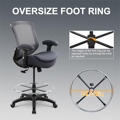 Image of 400lbs Office Drafting Chair Wide Dual Seat Cushion Height Adjustable Armrest for High Standing Desk with Lumbar Support and Enlarged Adjustable Footrest (Black Frame Gray Fabric)