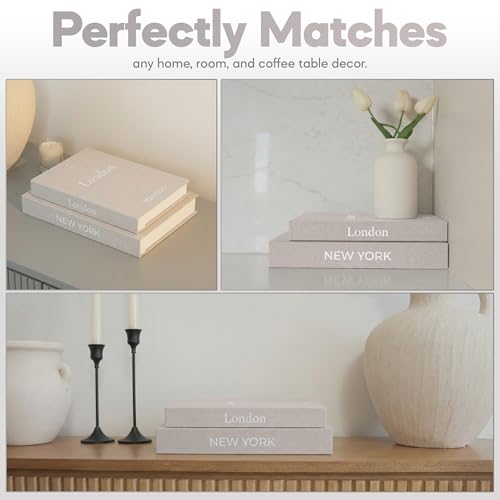 Image of Faux Book Storage Box Set of 2-Beige /Beige-Decorative Faux Books with Hidden Storage for Coffee Table Decor, Bookshelf or Mantle-Linen Decorative Boxes-Aesthetic Book Decor for Home