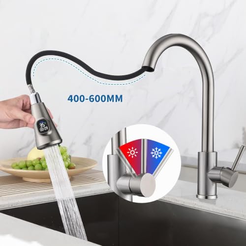 HOMELODY Küchenarmatur mit LED-Temperaturanzeige, Wasserhahn Küche ausziehbar, 360° schwenkbare Hochdruck-Spültischarmatur aus Edelstahl… – Ansicht 3