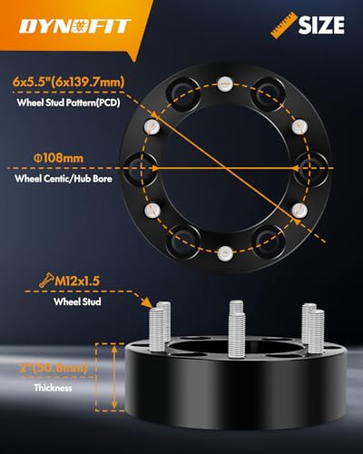 Image of dynofit 6x5.5 Wheel Spacers 2 Inch Compatible with Toyota Tacoma, 4Runner, FJ Cruiser | M12x1.5 Extended Lug Nuts, 108mm Hub Bore, 6x139.7 Forged Spacers for Tundra GX460 GX470 Sequoia Fortuner