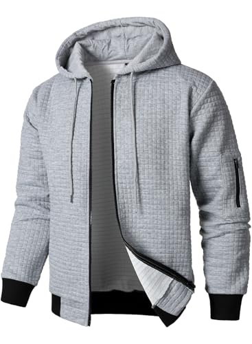 HOOD CREW Men’s Jacquard Plaid Long Sleeve Lightweight Zipper Hoodie Sweatshirt Jackets