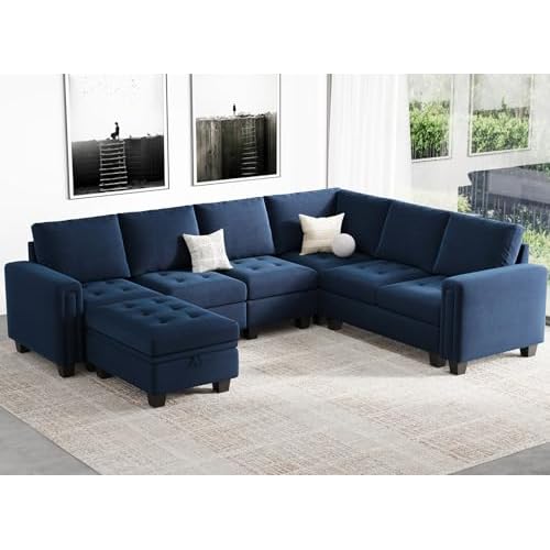 Belffin Modular Sectional Sofa Couch 7-Seater Convertible Sectional Sofa Velvet Modular Sectional with Storage Ottoman L Shaped Couch with Chaises Blu