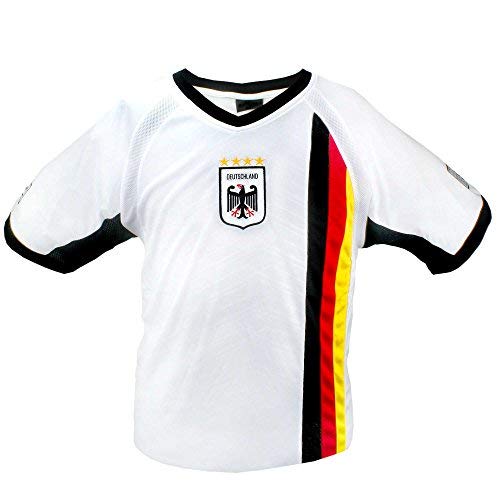 MC-Trend Deutschland Trikot, Unisex Fantrikot Fußball, Weiß, Größe XXL, 100% Polyester, Mesh-Einsätze, Adler-Wappen mit 4 Sternen, Deutschland Rückenprint, V-Ausschnitt, Streifen in Schwarz-Rot-Gold