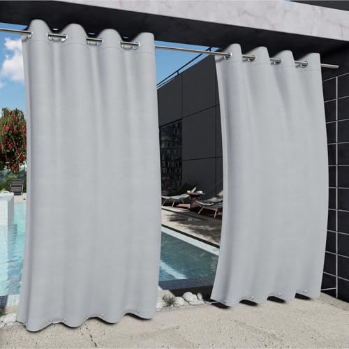 Clothink Outdoor Vorhang Wetterfest Mit Ösen Oben und Unten, Outdoorvorhänge Wasserdicht Outdoor Gardinen Windschutz Sonnenschutz für Balkon Pergola Terrasse (255x215cm, 1 Stück, Grau-Weiß)