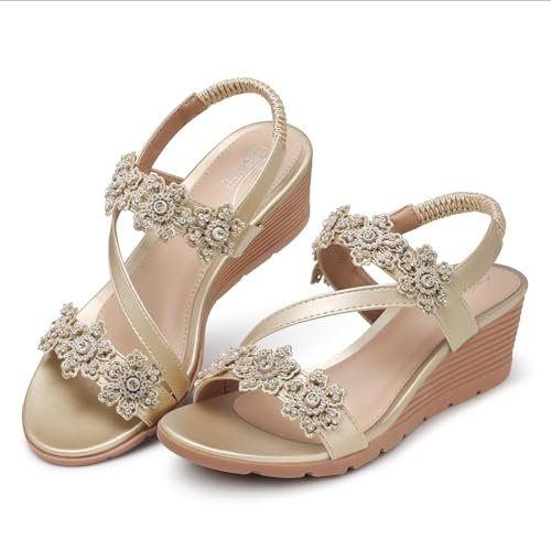 Image of SHIBEVER Wedge Sandals for Women Dressy: Summer Open Toe Low Platform Wedges Sandals Elastic Ankle Strap Flower Comfortable Casual Shoes