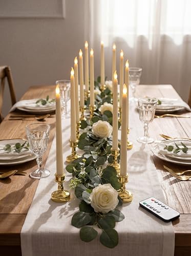 Image of 24 Pcs Flameless Taper Candles with Holders Remote Timer Battery Operated Candles Bulk LED Candlesticks Flickering for Valentines Wedding Home Window Carnival Party Decor(Gold,Classic Style)