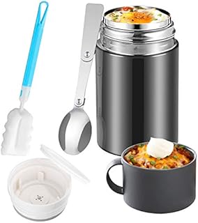 Baokai Insulated Food Jar 20 oz, Vacuum Soup Thermos for Kids Adults, Stainless Steel Lunch Container Leak Proof Thermal Flask with Folding Spoon for School Office Camping Picnic Travel Outdoors-Black
