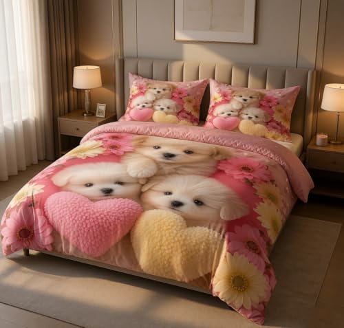 Image of 7D Printed King Size Bedsheet with 2 Pillowcases, Puppy, 228 x 228 cm