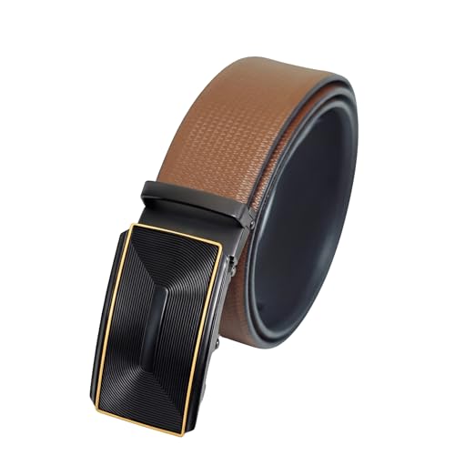 Image of THE MEN THING Mens 100% Genuine Leather Belt - SIGNORA Micro-Grain, RYZOR Chevron Auto-Lock Buckle (Brown & Black Reversible)