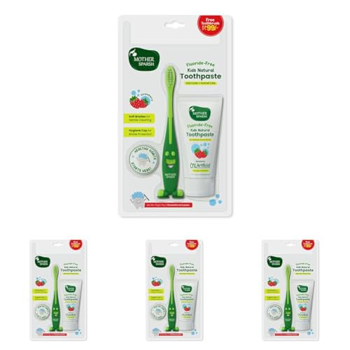 Image of Mother Sparsh Natural Toothpaste for Kids-50g, Strawberry (With Free Toothbrush) | Strengthens Gums, Whitens Teeth | Preservative & Fluoride Free Baby Toothpaste | Anti Cavity + Enamel Care