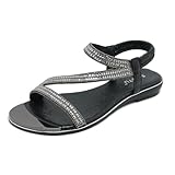 Meeshine Women's Rhinestone Flat Sandals Open Toe Comfortable Dressy Summer Ankle Casual Wedding Party Beach Sandals(Black,7)