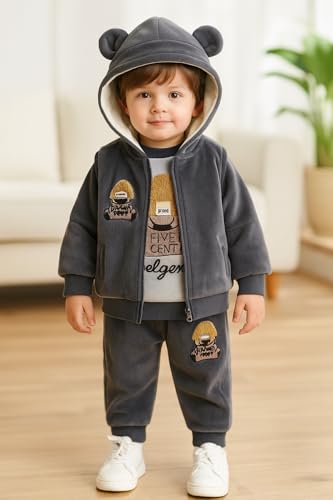 Image of Bold N Elegant Cotton Blend Cute Cartoon Bear Graphics Winter Warm Sweatshirt Hood Jacket And Jogger Pant 3 Pc Layering Clothing Set For Infant Toddler Kids