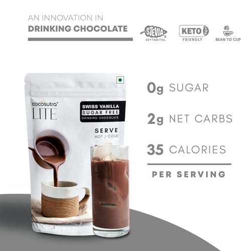 Image of Cocosutra Sugar-Free Swiss Vanilla Drinking Chocolate (200g) | Hot or Cold | Keto & Vegan | 10 Cups | Zero Sugar, Low Carb, Low Calorie, Stevia & Erythritol Based, Keto Friendly