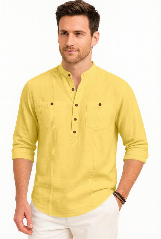 Image of ROYALSCOUT Men's Cotton Polyester Blend Kurta Style Shirt with Mandarin Collar, Half Button Placket, Dual Chest Pockets, Long Sleeve Casual Ethnic Fusion Wear for Office, Festive and Daily Use