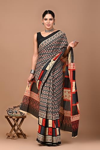 Image of Crafts Moda Hand Block Ajrakh Print Cotton Saree for women with Blouse | Soft comfortable wear sari