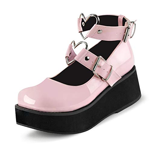 Erocalli Platform Lolita Shoes for Women Wedges Heels Ankle Strap Mary Jane Shoes Kawaii Heart Platform Pumps Pink