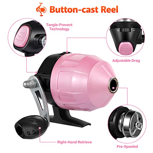 Image of PLUSINNO Kids Fishing Pole with Spincast Reel Telescopic Fishing Rod Combo Full Kits for Boys, Girls, and Adults (Pink, 150cm 59.05In)