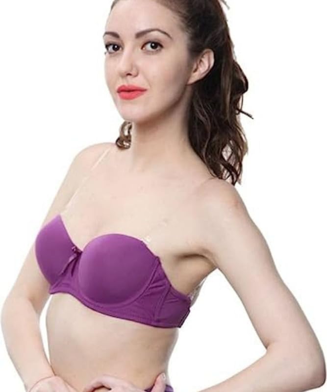 Image of Brachy Women Cotton Nylon Spandex Padded Underwire Strapless Backless Invisible Clear Transparent Back Push up Bra with (Free Extra Transparent Strap)