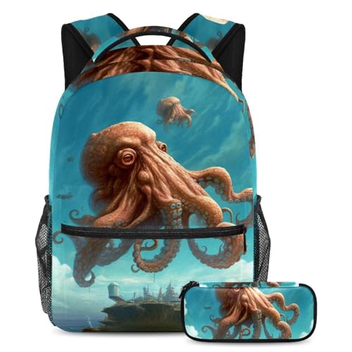Sac à dos avec trousse motif pieuvre de grande taille pour l'école des garçons et filles