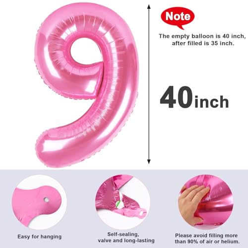 Image of 9 Balloon Numbers Birthday Decorations, 40In Pink Balloons for Men Women | Eye-catching Appearance, Perfect Decorative Centerpieces, Convenient Self-sealing Structure, Widely for Various Occasions