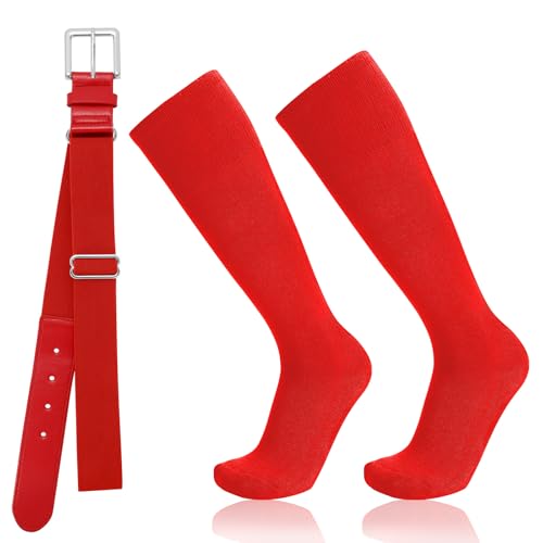 Baseball Socks and Belt Combo for Youth Adult - Softball Socks and Belt for Boys and Girls (Red)