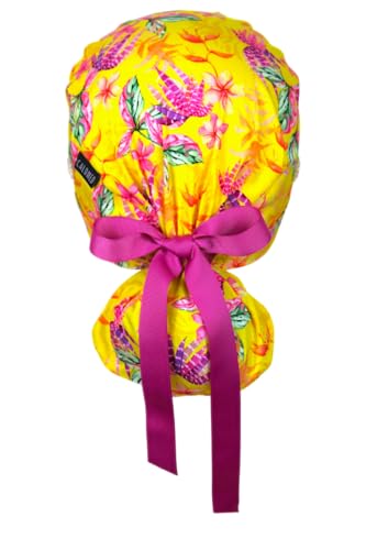 Image of Scrub Cap for Women and Men, Ponytail Scrub Caps, Working Hat, Head Cover with Ribbon Ties and Buttons, Long Hair
