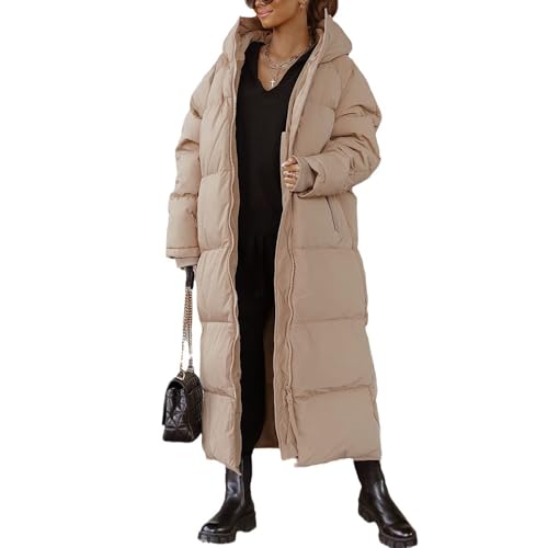 EsukAr Women Long Quilted Coat Hooded Maxi Length Long Sleeve Puffer Jacket Padded Coat Winter Outerwear,camel,S