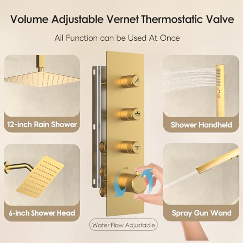 Image of Thermostatic Dual Shower System Brushed Gold,Push Button Diverter Rainfall Shower Faucet Set with 2 in 1 Handheld Spray,12'' Ceiling Mount and 6'' Wall Mount Rainfall Shower System